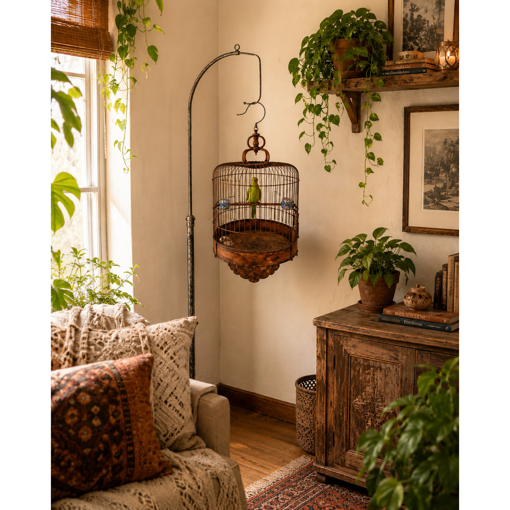 Vintage Hanging Wood Bamboo Bird Cage w/ Bird Ornament